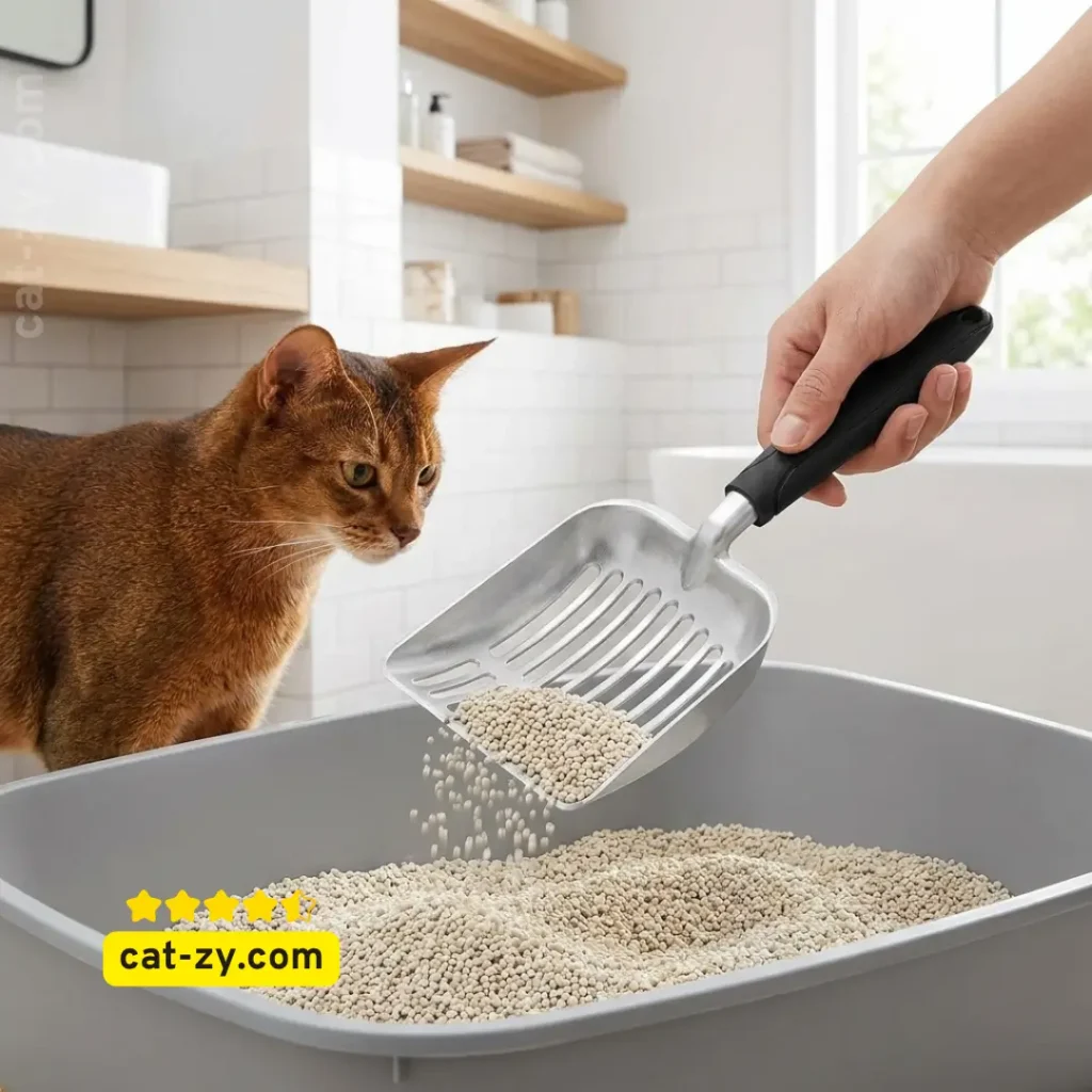 Durable WePet aluminum alloy cat litter scoop sifting through sustainably yours cat litter on cat-zy.