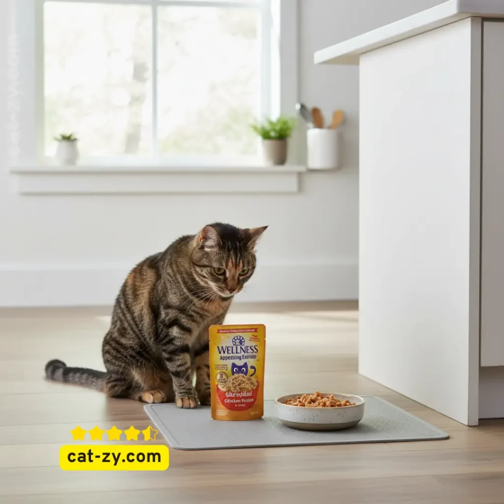 cat food wet cat-zy natural wet cat food pouch with cat in kitchen