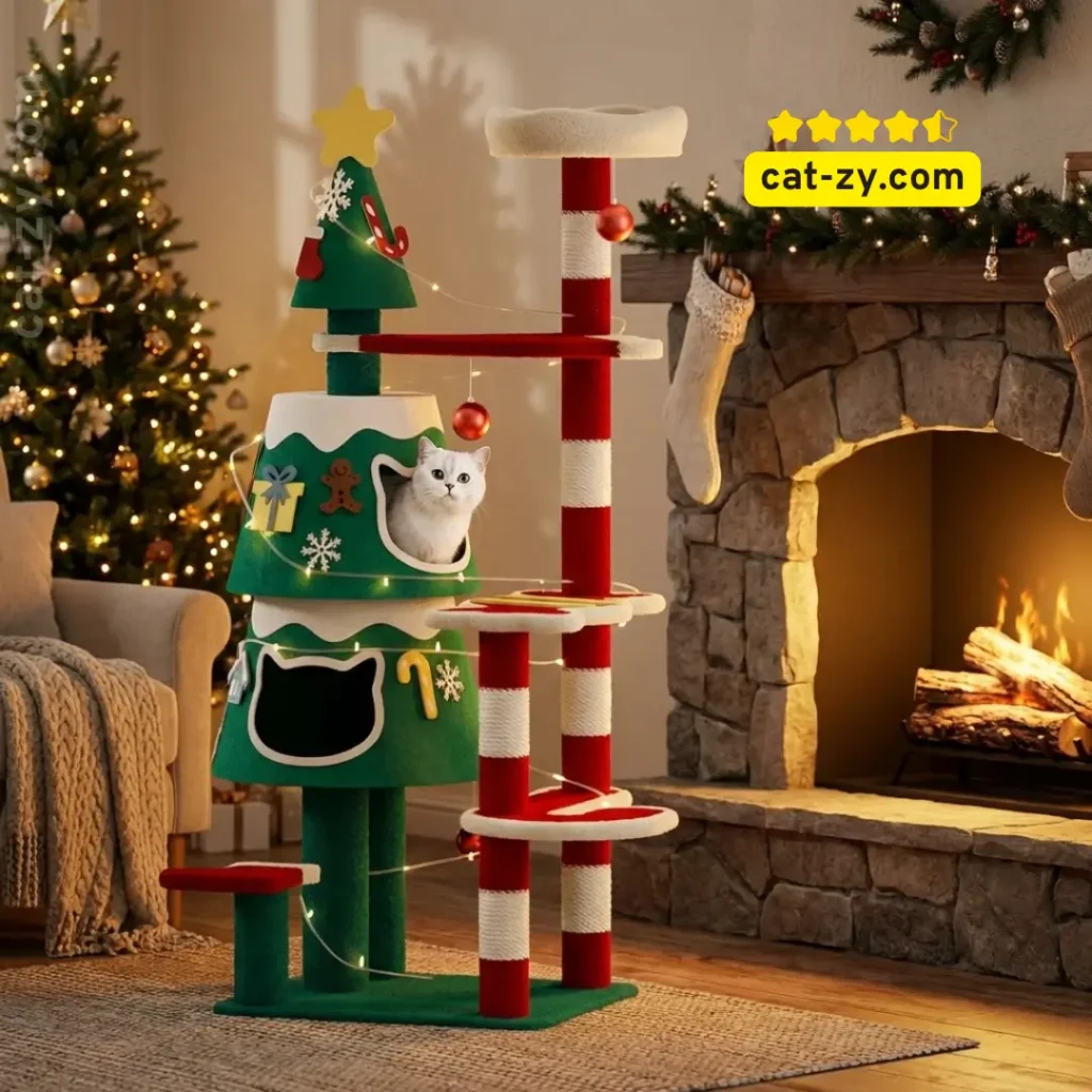 A cozy cat-zy indoor scene featuring a Christmas Tree Cat Scratcher with a cute cat.