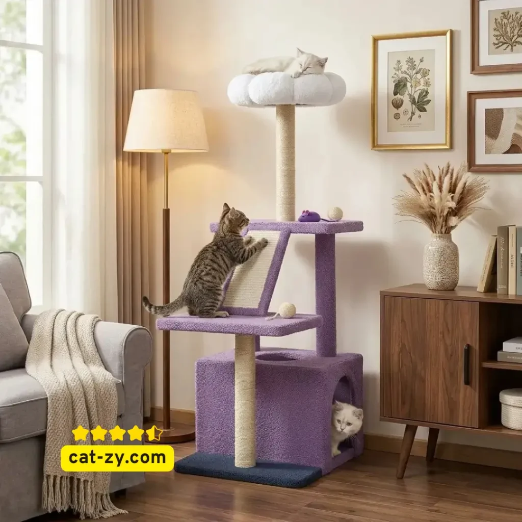 The exact purple, white, and blue YITAHOME flower cat tree tower with its original sisal scratching posts and cloud perch design, featured on cat-zy for indoor cat care.
