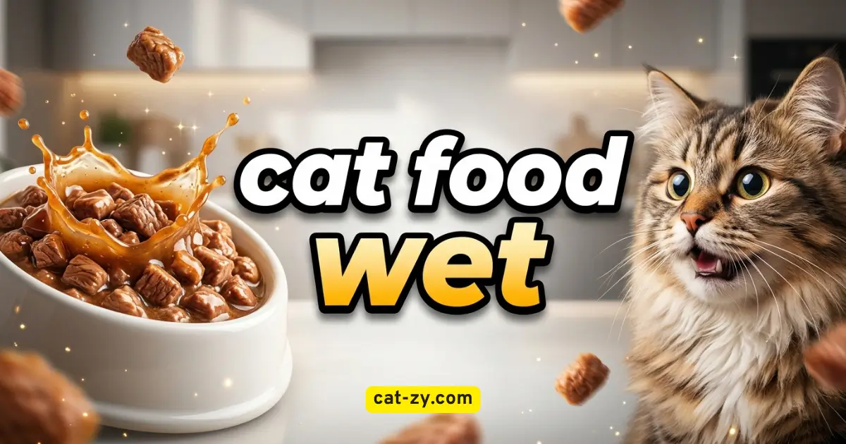 A premium bowl of delicious wet cat food with a rich gravy splash beside an eager fluffy cat, framing the keyphrase cat food wet on cat-zy.com.