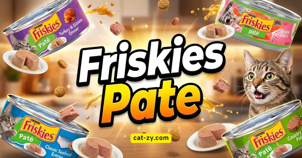 Friskies Pate wet cat food cans with flying meat chunks and an excited cat, featured on cat-zy.