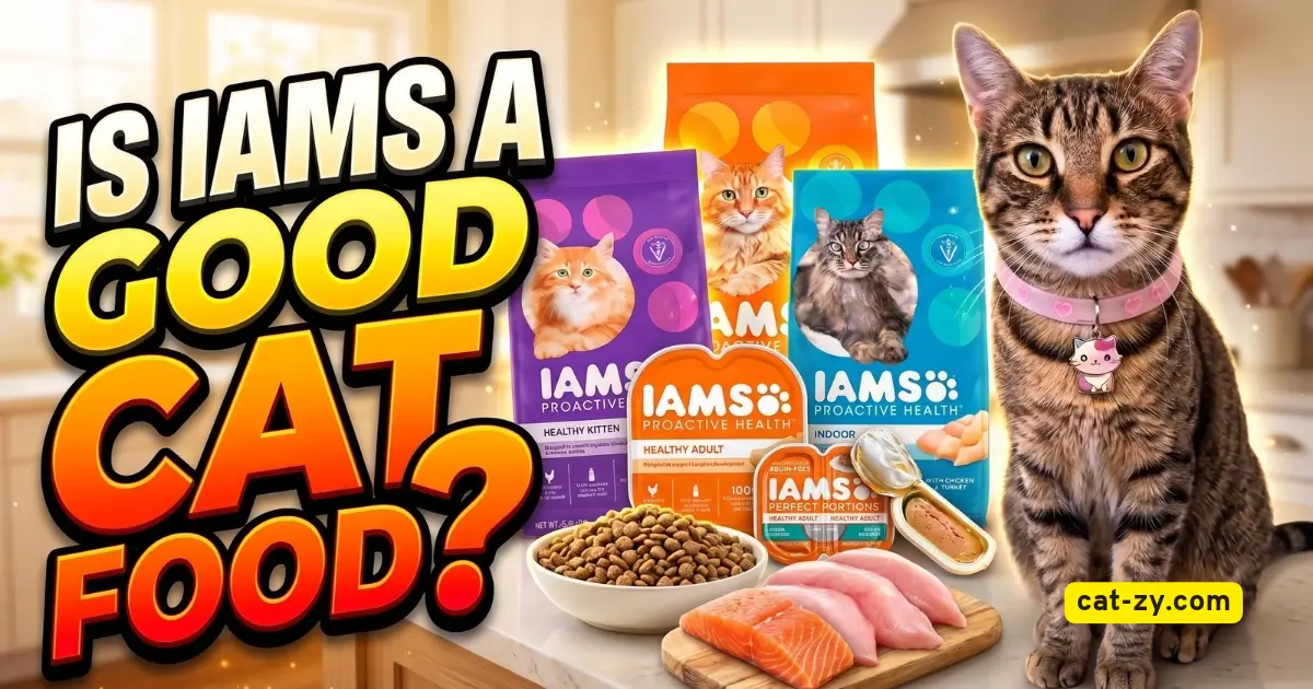 A female brown tabby cat sitting beside IAMS pet food formulas and fresh ingredients, featured in a cat-zy article reviewing is Iams a good cat food.