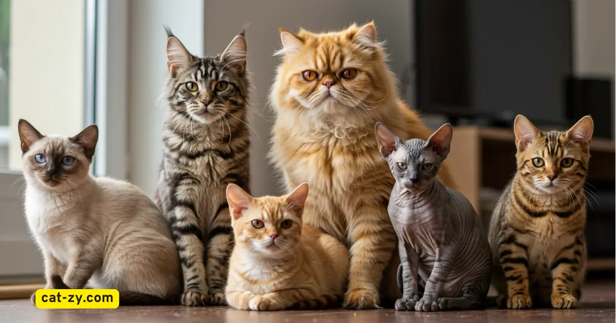 Five different breeds of cats including Siamese - Persian - Maine Coon - Sphynx - and Bengal breeds of cats comparison