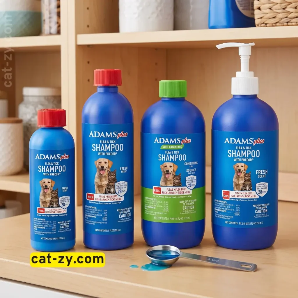 Different bottle sizes of adams flea and tick shampoo stored safely on cat-zy.