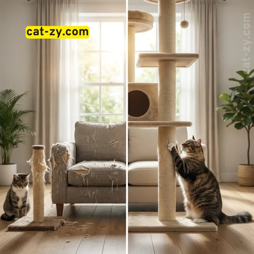 Comparison showing common mistakes like small posts versus the solution of a sturdy large cat tree on cat-zy.