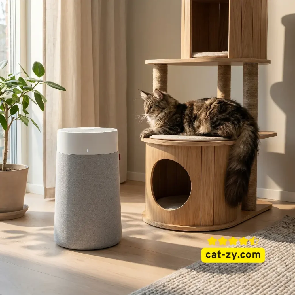 BLUEAIR Blue Pure 311i Max smart air purifier in a clean living room near a cat condo for large cats, discussed in a pet-care article on cat-zy.