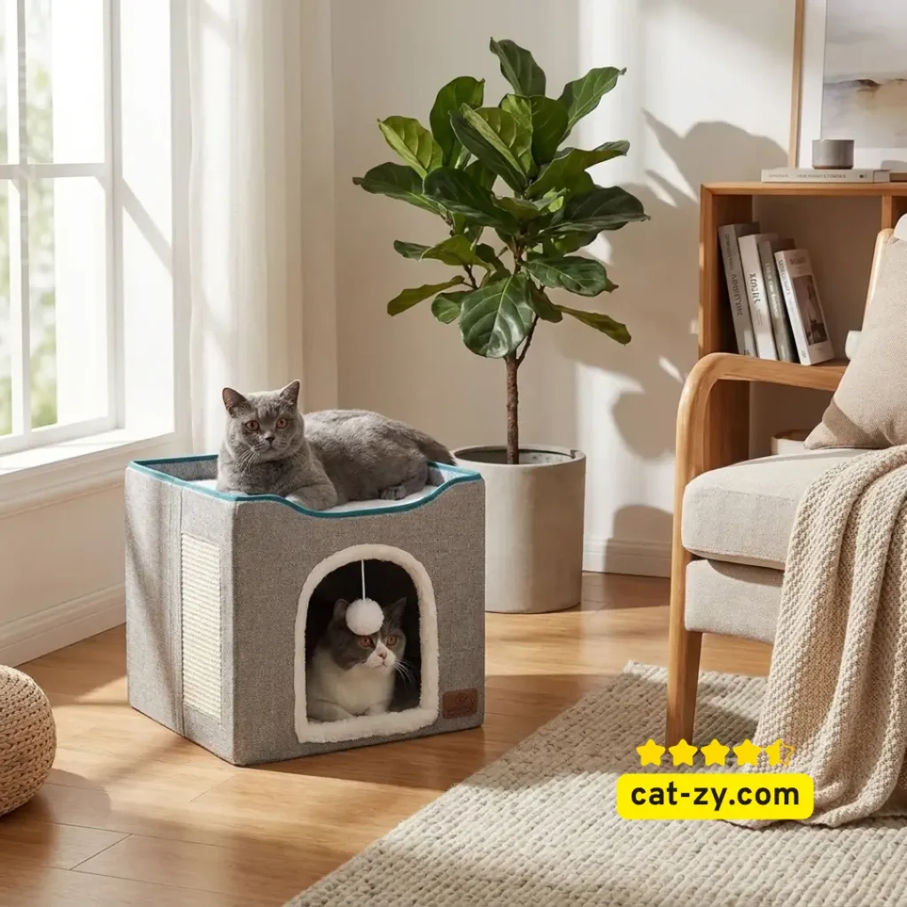 A grey foldable cat cave house with a scratching pad for indoor cats, featured in a home setting on cat-zy, where we often explore behavior like why do cats groom each other.