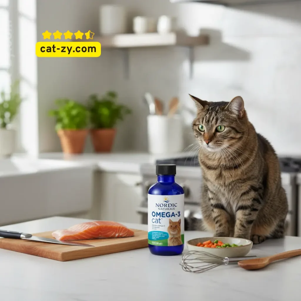 making cat food at home cat-zy omega-3 oil with cat in kitchen