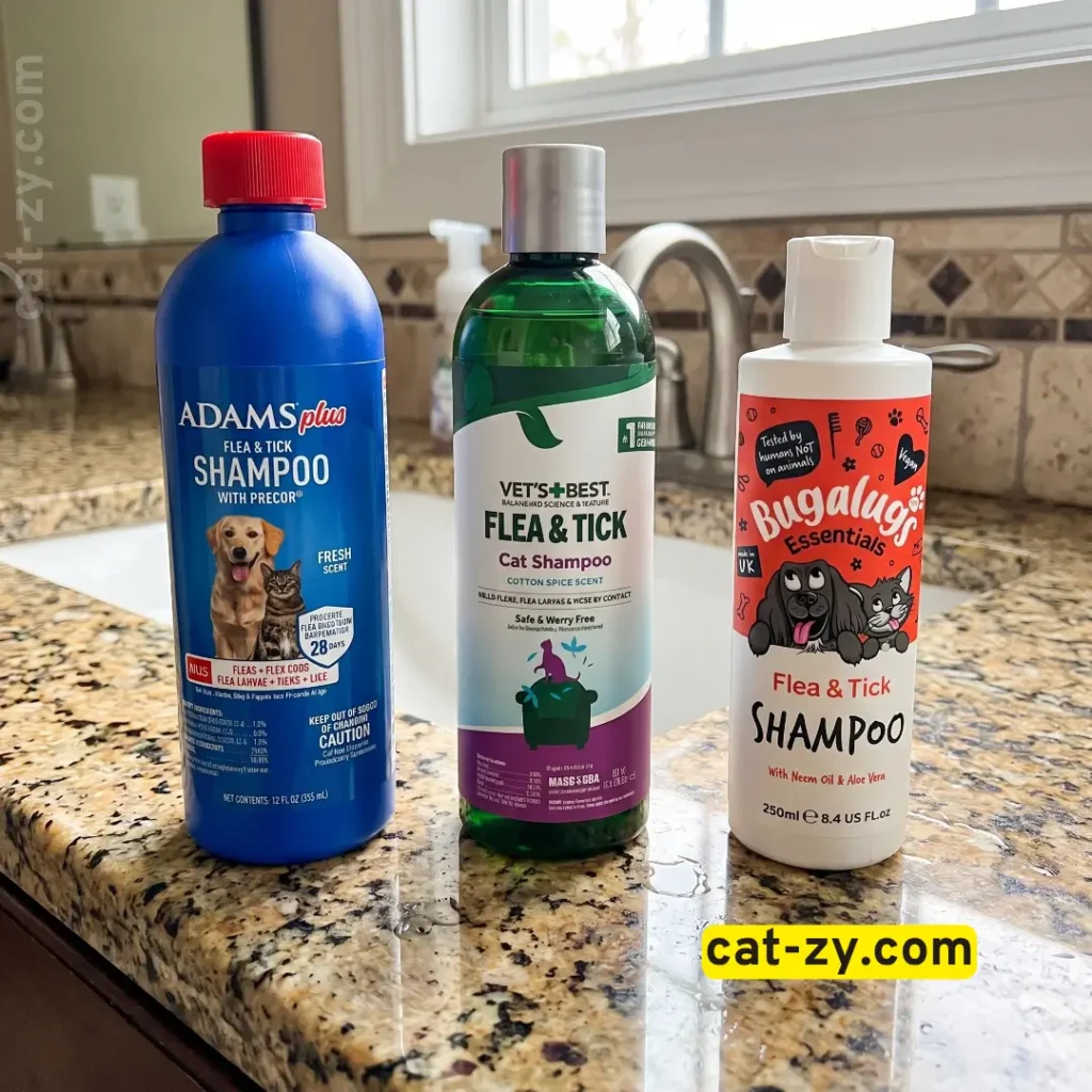 Three cat flea shampoo bottles including Adams, Vet's Best, and Bugalugs side by side on cat-zy.