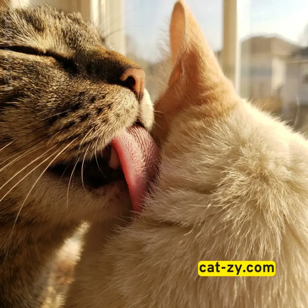 Close up of cat licking behavior as part of feline social communication on cat-zy.