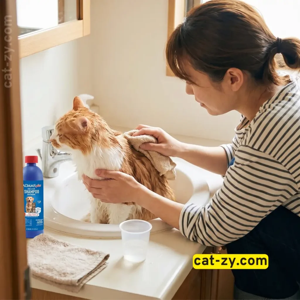 Safe bathing technique using adams flea and tick shampoo on cat-zy.