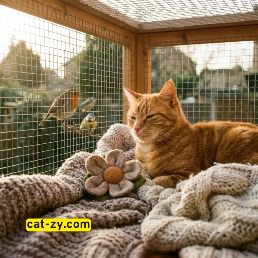 Cat enjoying fresh air in a cat-zy window enclosure, a unique cat-zy alternative to a cat tree flower.