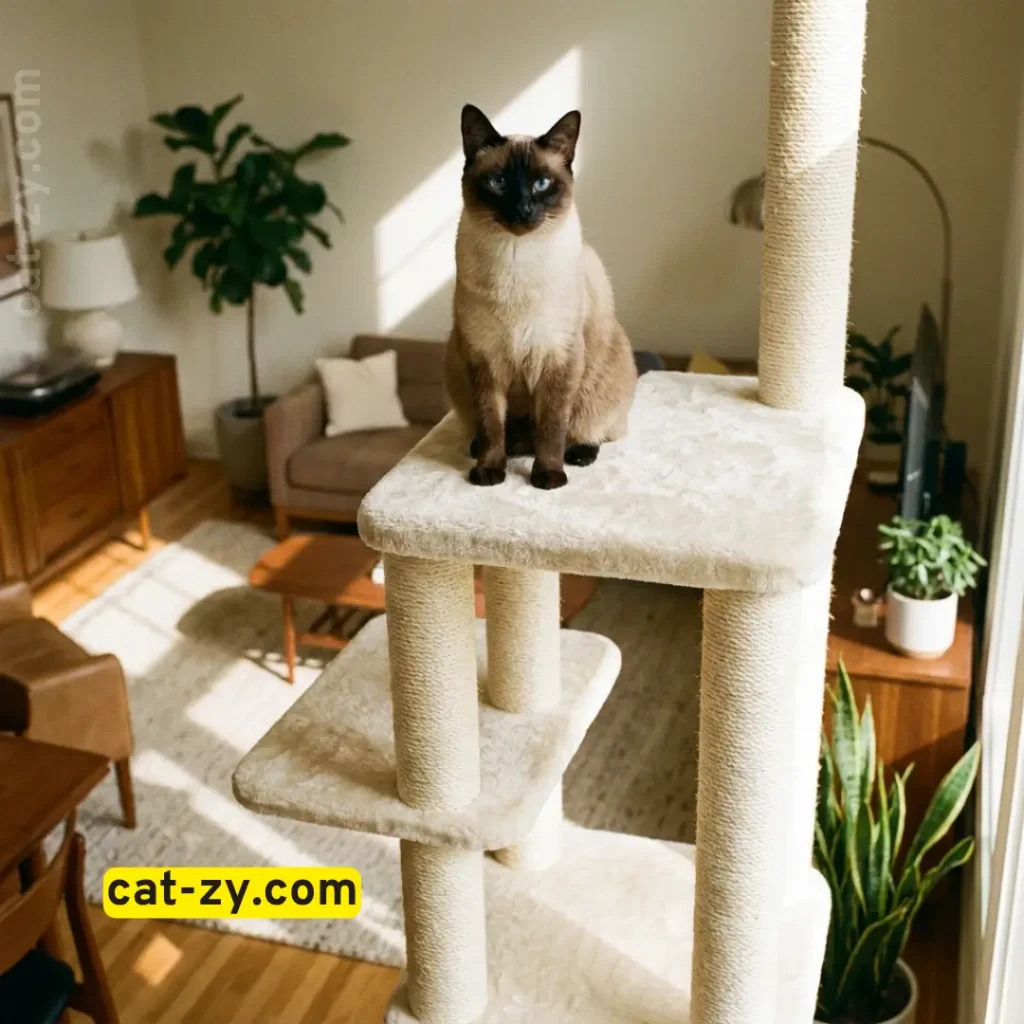 Siamese cat observing the room from the top perch of a large cat tree on cat-zy.