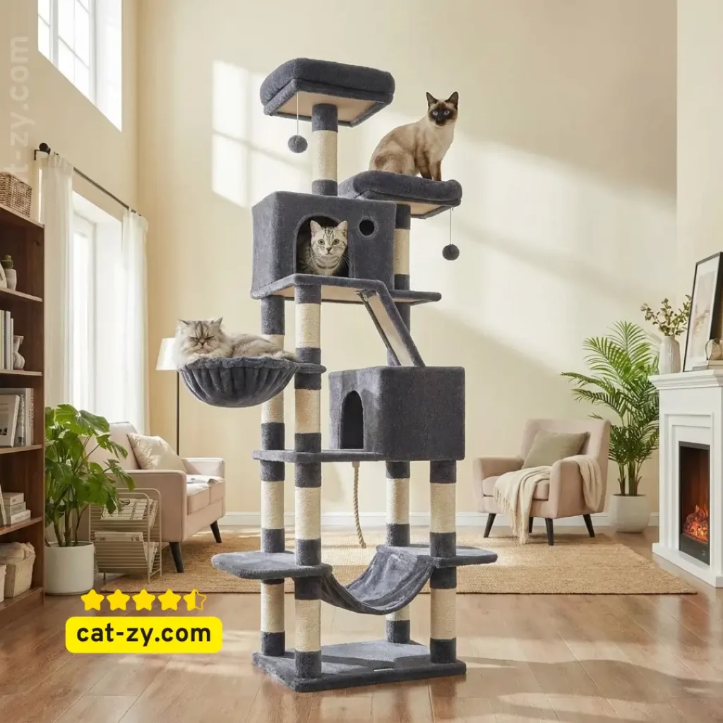 Feandrea 81.1-inch large cat tree with 13 scratching posts and double caves for indoor cats on cat-zy.