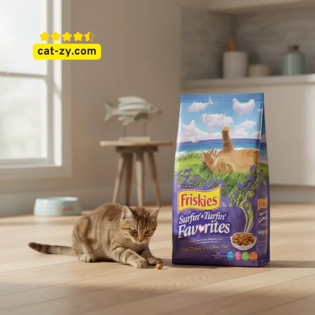 Friskies kitten food bag of Feline Favorites Surfin' & Turfin', 3.15 lbs, featuring a cat on a grassy beach in a truly cat-zy and dreamlike scene.