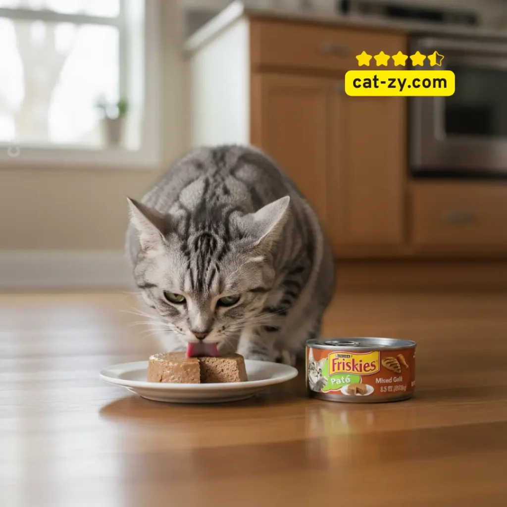 A photorealistic view of a happy tabby cat enjoying a meal of moist paté from a small plate on the floor, showcasing a truly cat-zy (cat-pleasing) feeding experience. The full, properly scaled can of Friskies Mixed Grill is next to the plate, highlighting the product as an ideal first friskies kitten food option for smooth transition.