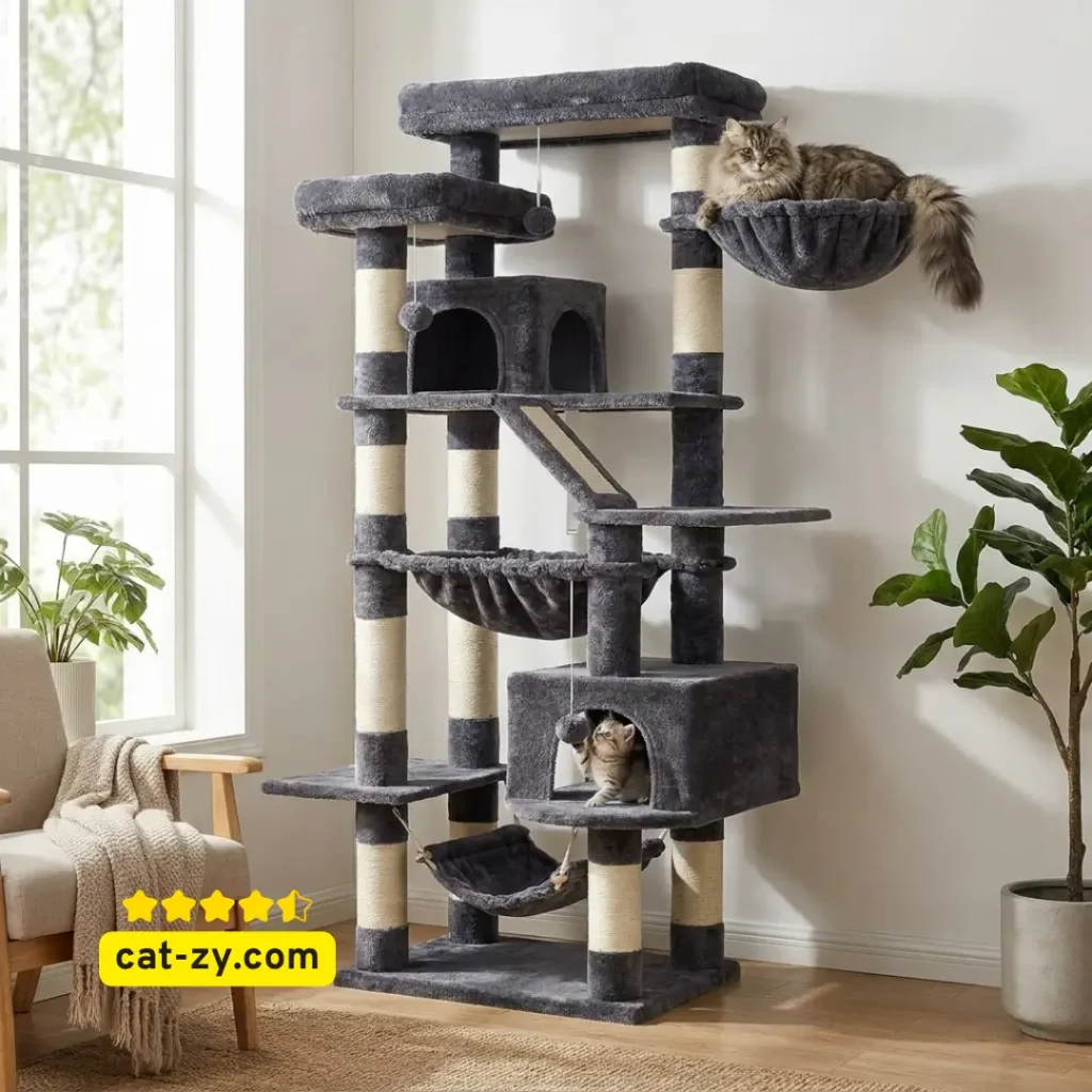 Heybly 71-inch smoky gray large cat tree featuring double hammocks and big condos for indoor cats on cat-zy.