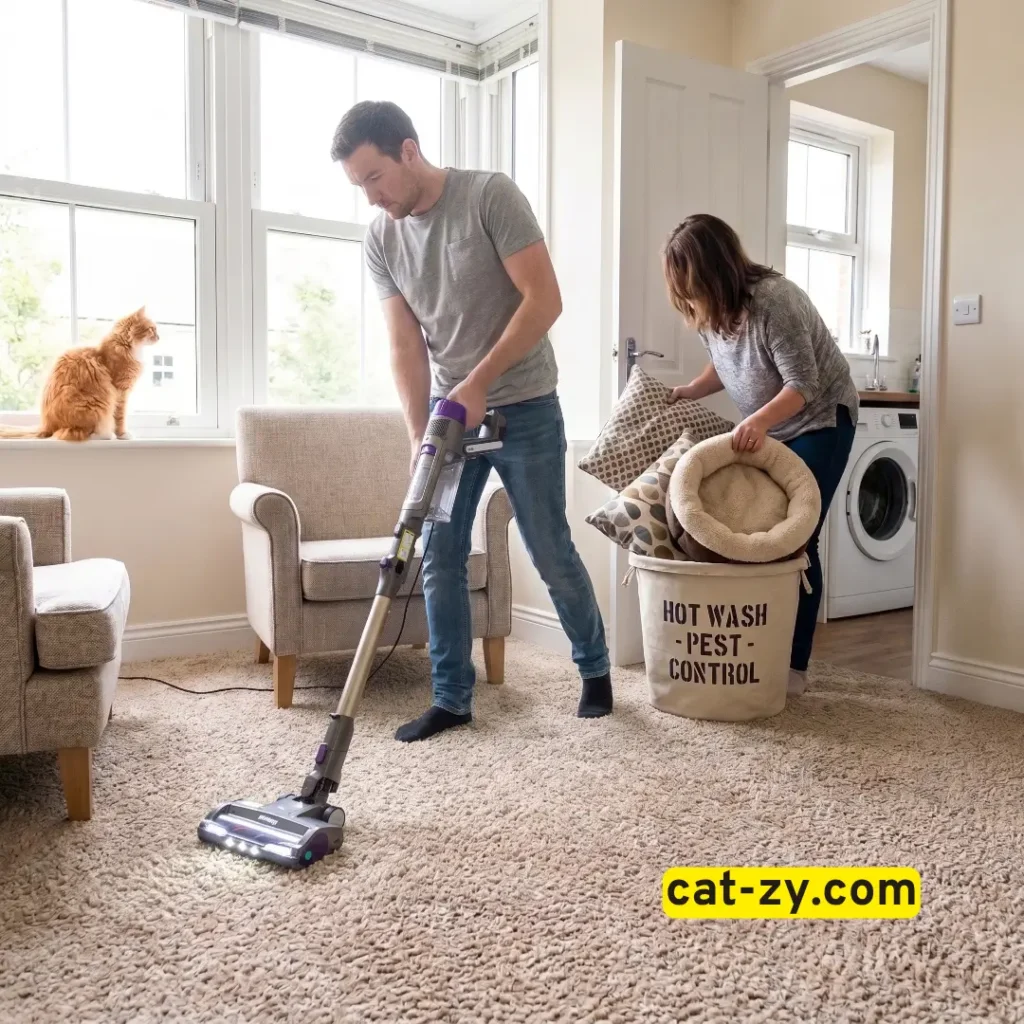 Man actively vacuuming carpet while woman gathers cat bedding for pest control on cat-zy.