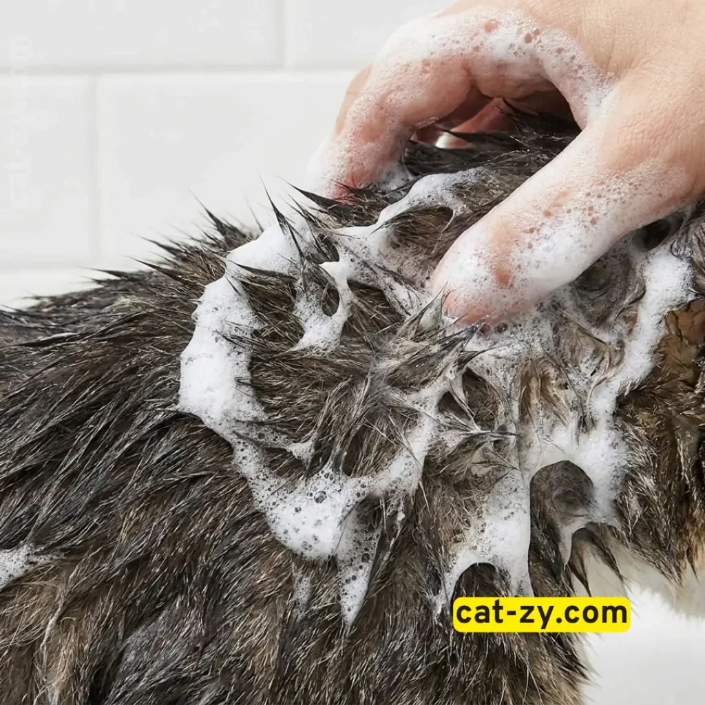 Rich lather of adams flea and tick shampoo penetrating cat fur on cat-zy.