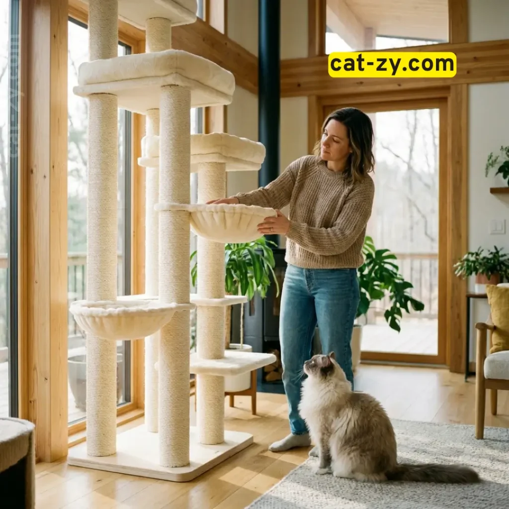 A person evaluating the size and quality of a large cat tree for their pet on cat-zy.