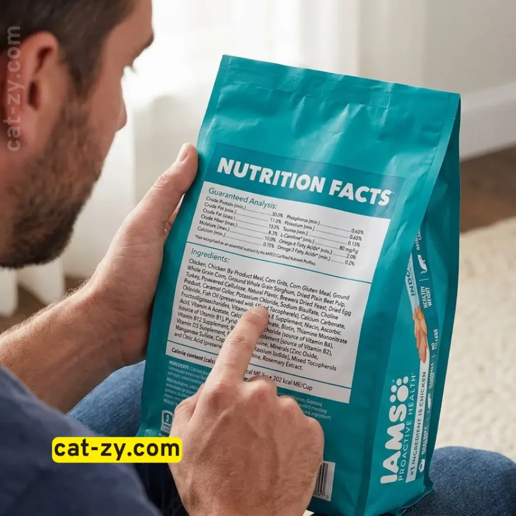A man reading the guaranteed analysis and nutrition panel on the back of an Iams Dry Cat Food bag on cat-zy.