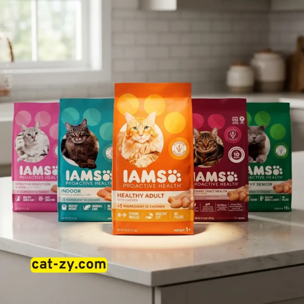 Five varieties of Iams Dry Cat Food bags displayed on a kitchen counter with the orange Healthy Adult formula highlighted in the center on cat-zy.