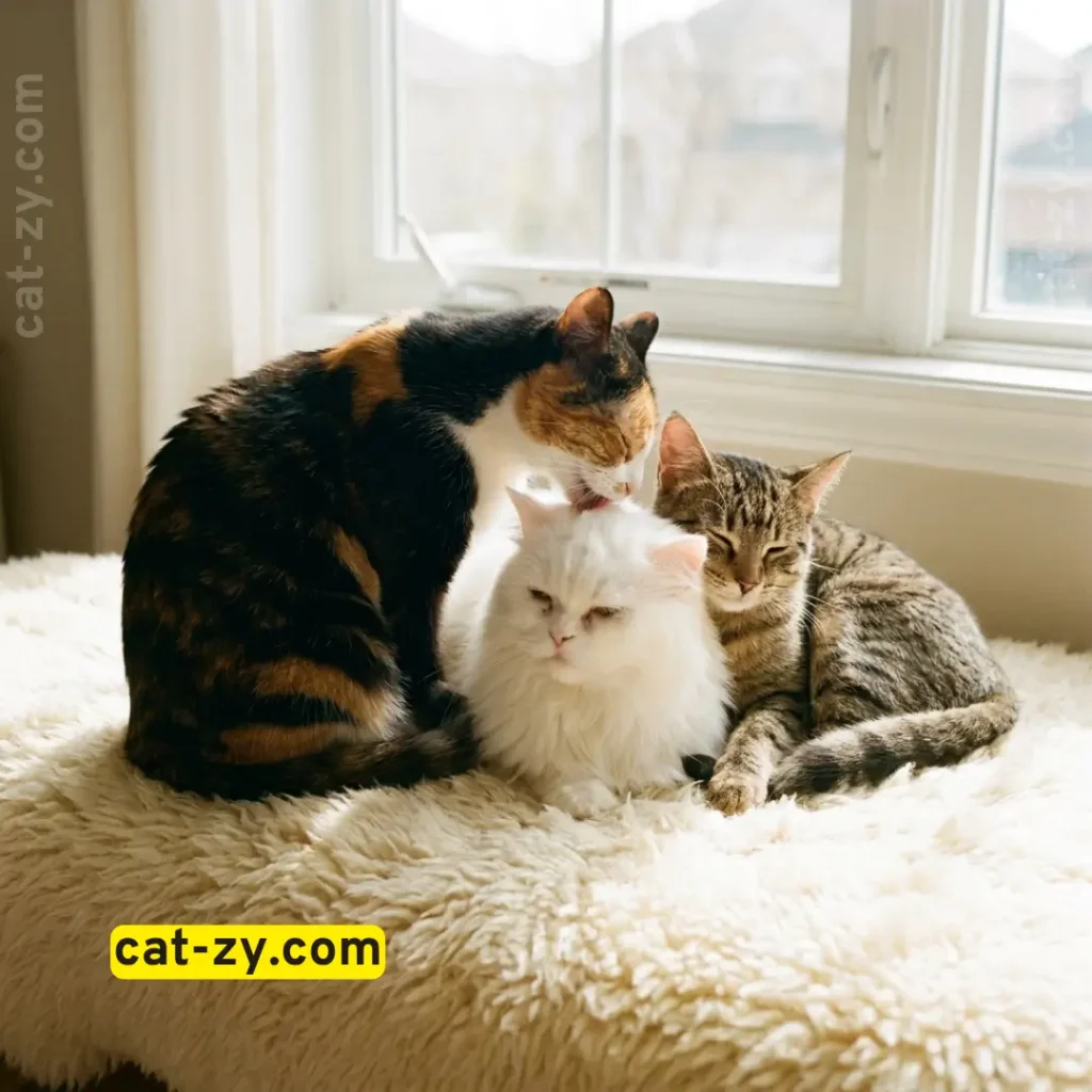 A social group of cats grooming each other to build trust, from cat-zy.