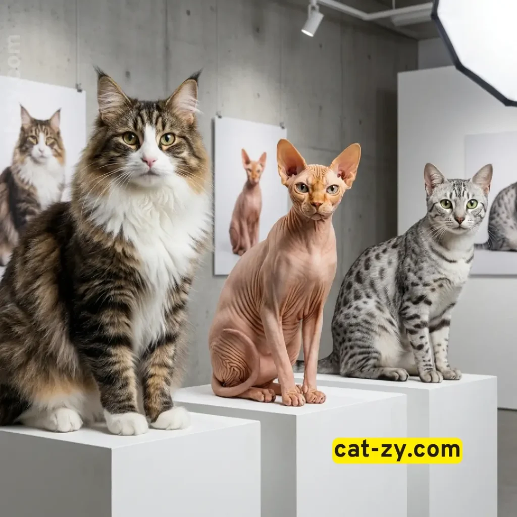 A gallery of diverse breeds of cats with unique coat patterns on cat-zy