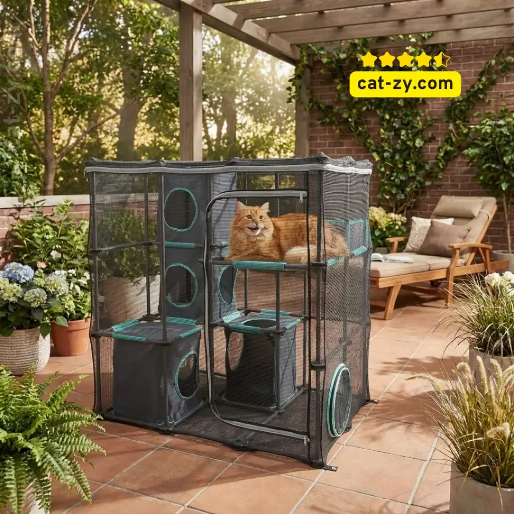 A cat relaxing inside a spacious Kitty City Outdoor Mega Kit on a sunny patio, reviewed by cat-zy to help you create the perfect window patio for cats.