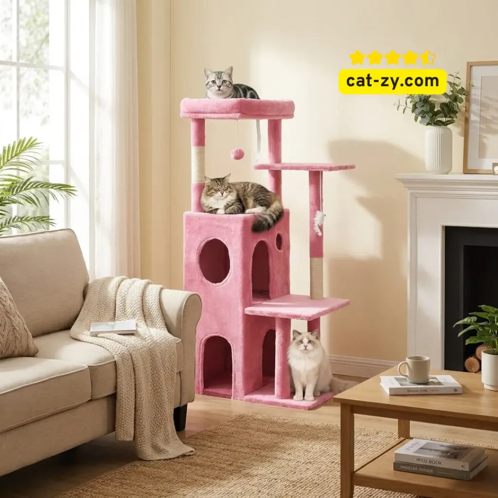 A high quality 50 inch pink multi level cat tree for indoor cats placed in a cozy home environment for the cat-zy website, helpful for understanding why do cats groom each other while relaxing.