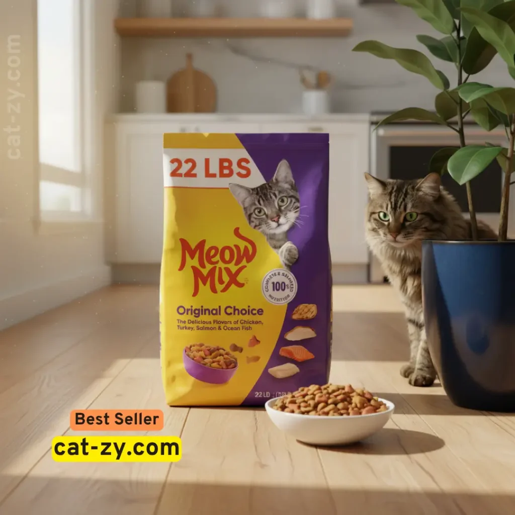 Meow Mix Original Choice Dry Cat Food 22 pound bag in a cozy kitchen setting with a happy cat-zy feline companion, often compared to friskies kitten food for balanced nutrition.