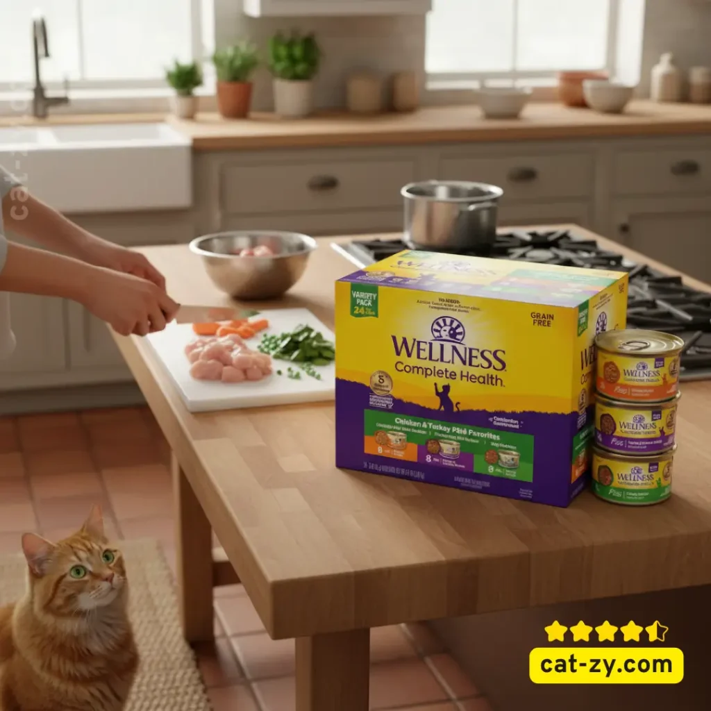 making cat food at home cat-zy natural wet cat food with curious cat in kitchen