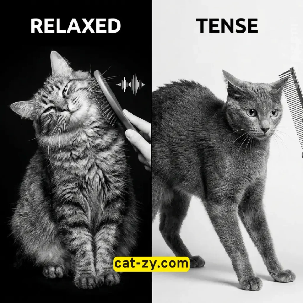 Comparing relaxed and tense body language during cats grooming each other, cat-zy.
