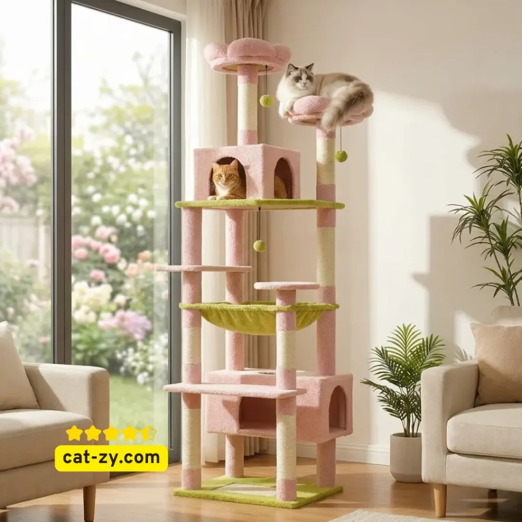 PAWZ Road flower-themed large cat tree with 7 scratching posts and 2 condos for indoor cats on cat-zy.