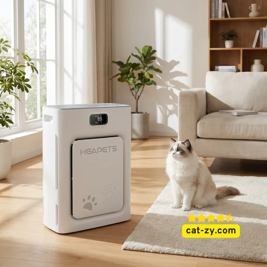 A large white HEAPETS pet air purifier next to a fluffy cat in a clean room, discussed on cat-zy regarding hypoallergenic cats for adoption.