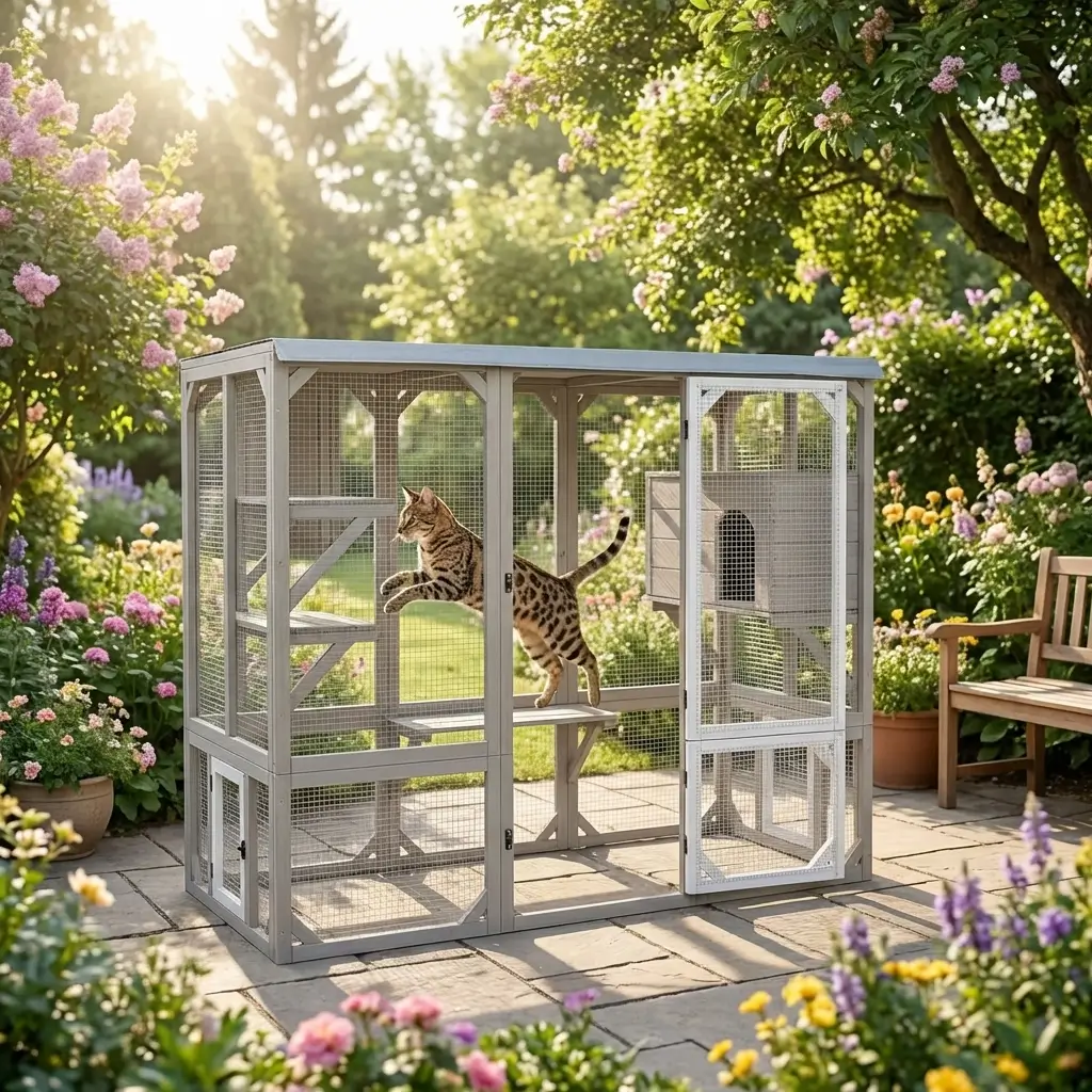 PetsCosset grey wooden outdoor catio featuring a house cat that looks like a cheetah relaxing inside its cat-zy multi-level resting room and jumping platforms.