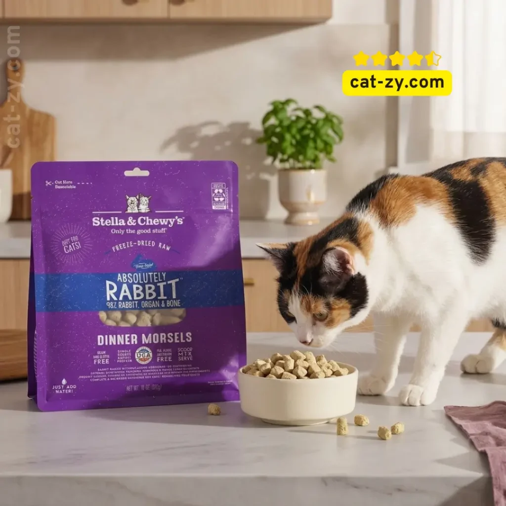 Stella & Chewy's freeze-dried raw food for cats analyzed on cat-zy blog with a calico cat eating rabbit recipe dinner morsels from a bowl next to the 18oz product bag.