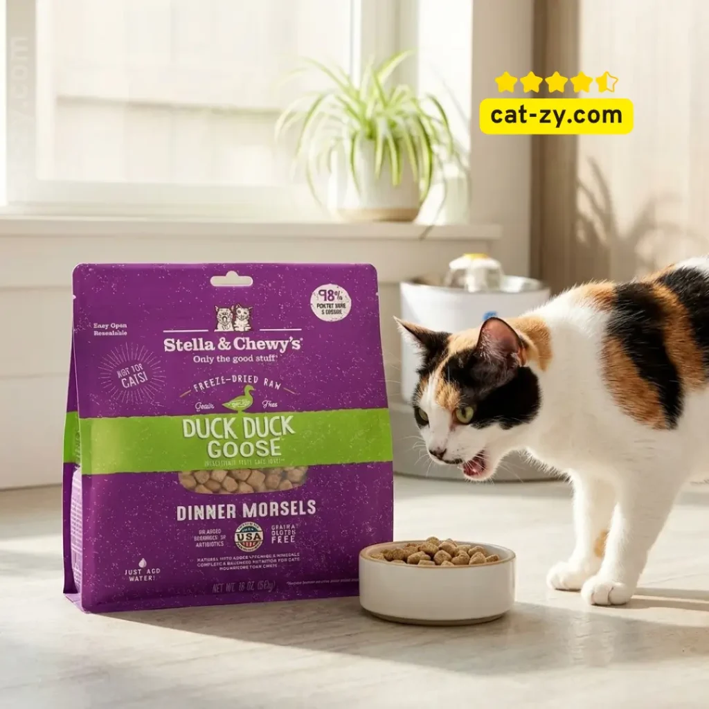 Stella & Chewy's freeze-dried raw food for cats 18 oz pack size reviewed on cat-zy blog showing a calico cat eating a raw dinner morsel from a human hand.