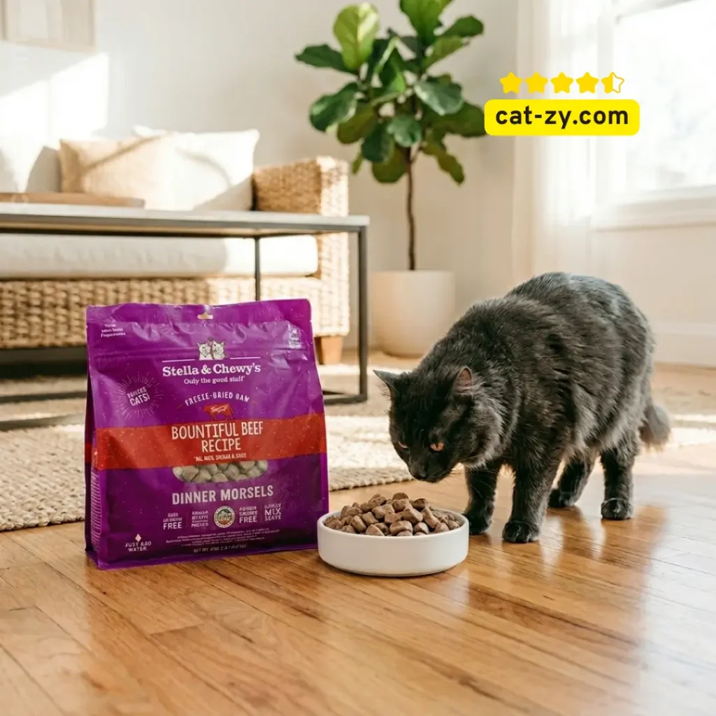 Stella and Chewy's freeze dried raw food for cats premium beef recipe 18 oz bag reviewed on cat-zy article platform.