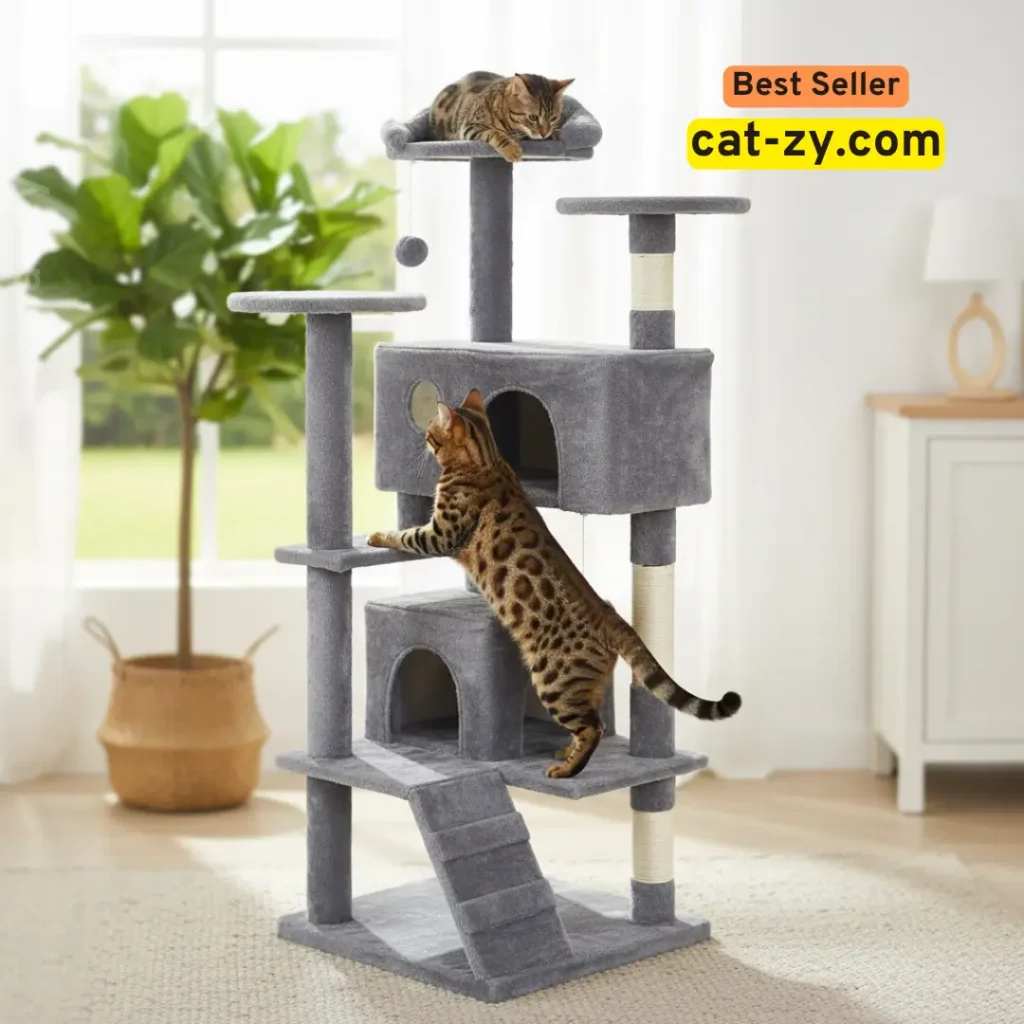 A multi-level Sweetcrispy cat tree tower with grey plush fabric, featuring a playful cat-zy spotted cat kitten on the top perch and an adult spotted cat with rosette markings scaling the sisal post. All original dimensions and text are removed.