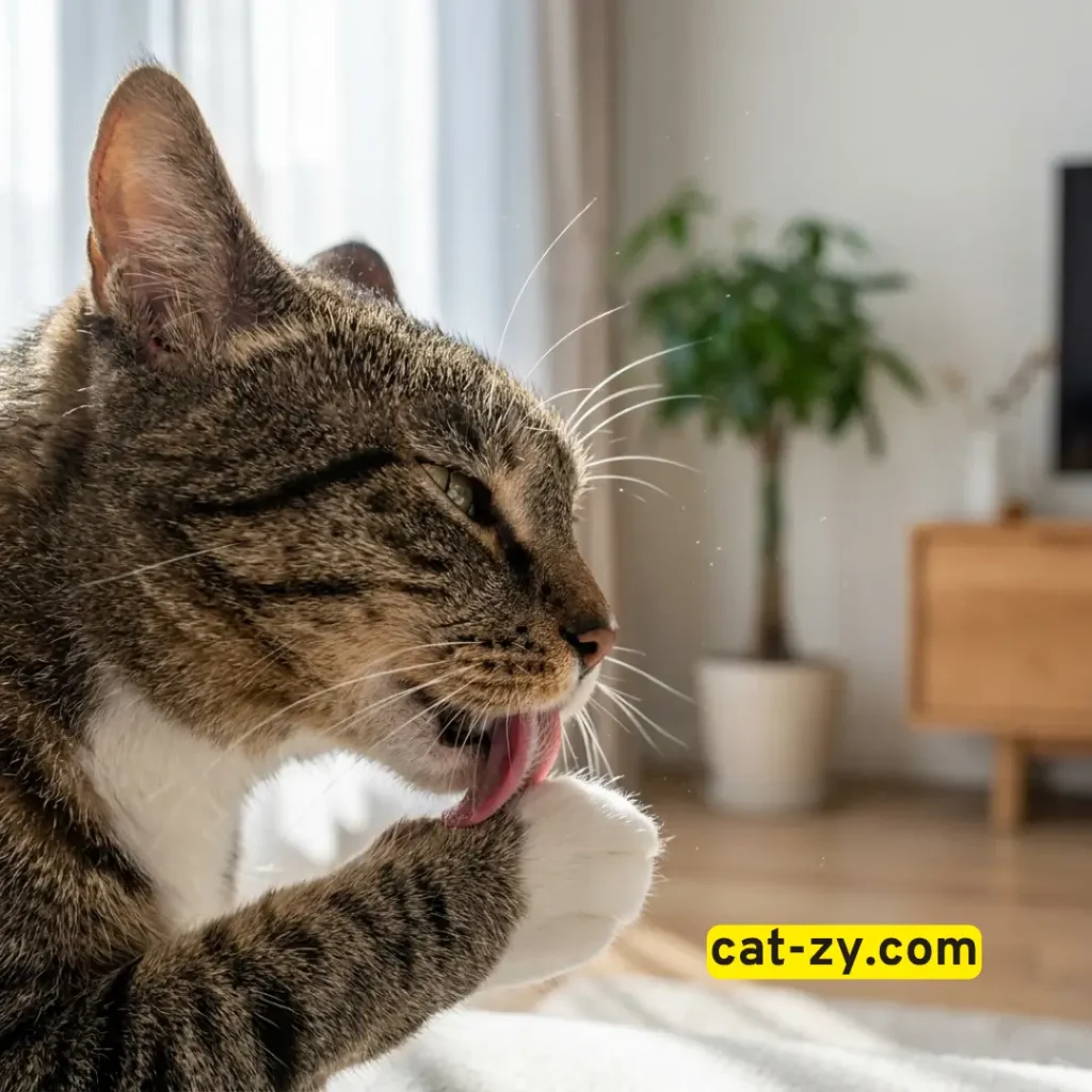 A cat grooming its paw to maintain hygiene and self-care, as analyzed by cat-zy.