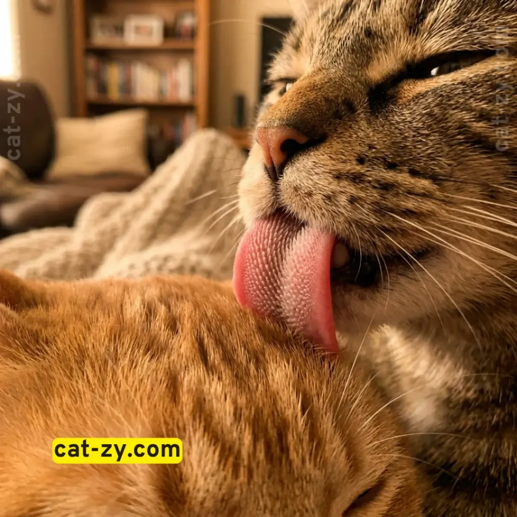 Close-up of allogrooming showing cats grooming each other, via cat-zy.