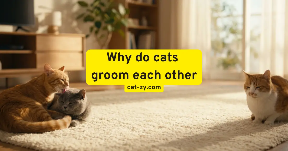 Two cats grooming each other on a minimalist living room rug, showcasing social bonding and the reasons why do cats groom each other, featured on cat-zy.