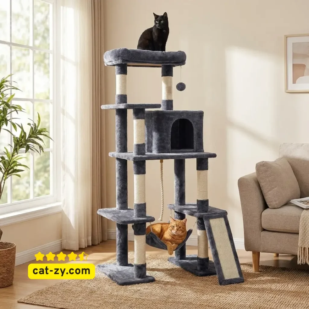 Yaheetech 63 inch large cat tree for heavy cats featuring a condo and hammock on cat-zy.