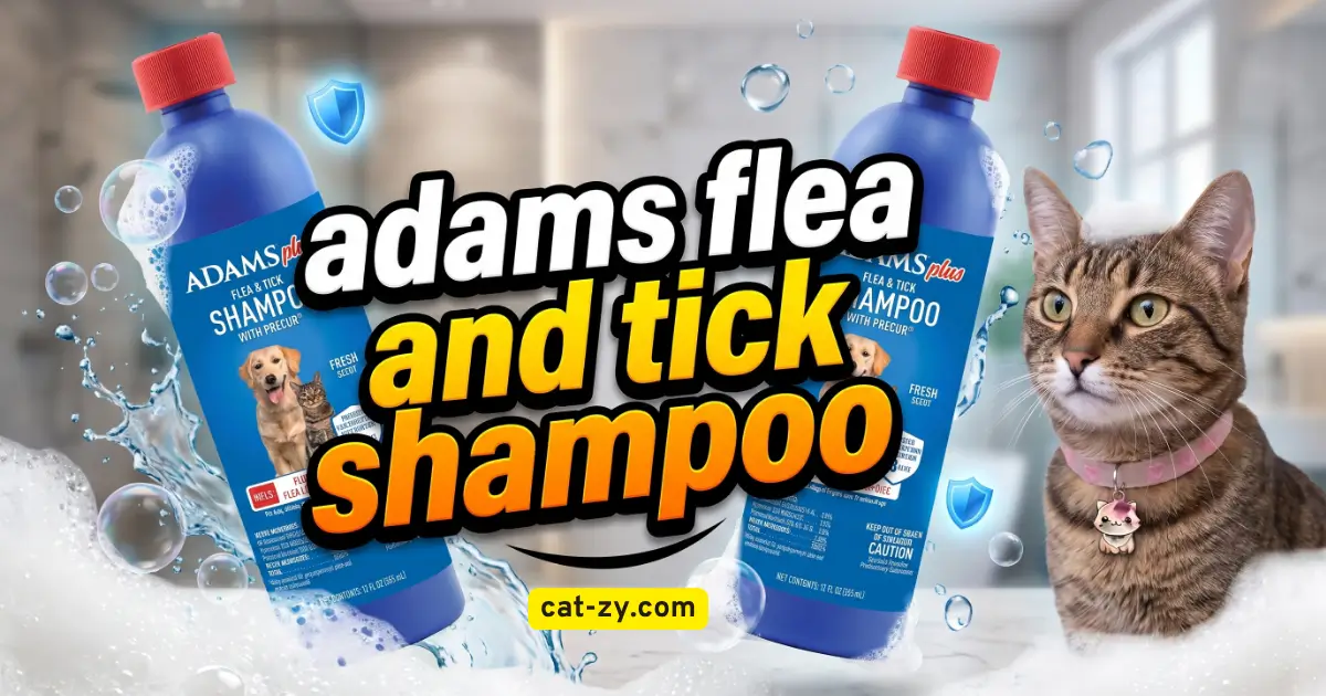 Adams flea and tick shampoo bottles with water splashes, soap suds, and a brown tabby cat on cat-zy.