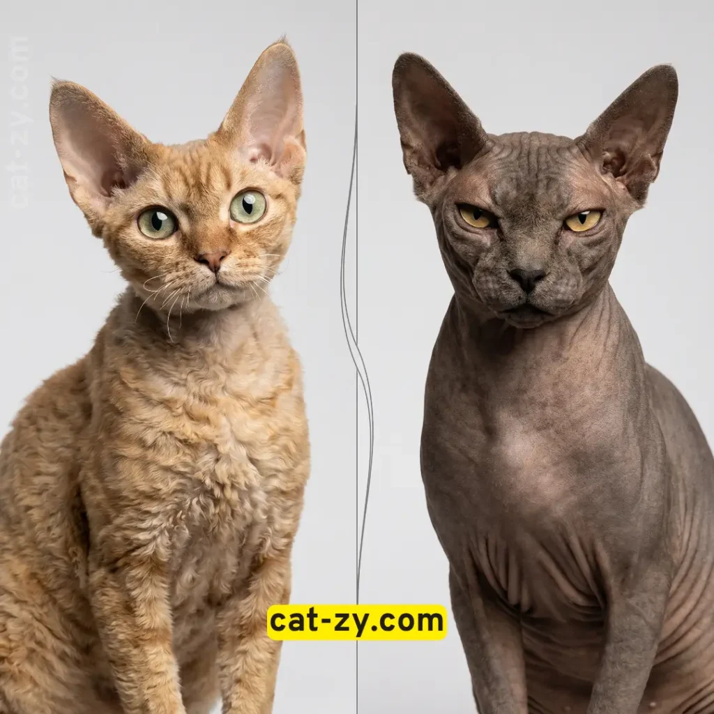 A side-by-side portrait of a Devon Rex and a Sphynx cat, showcasing popular hypoallergenic cats for adoption on cat-zy.