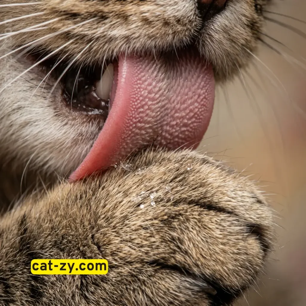 A detailed close-up of a cat grooming its paw, explaining the science behind hypoallergenic cats for adoption on cat-zy.