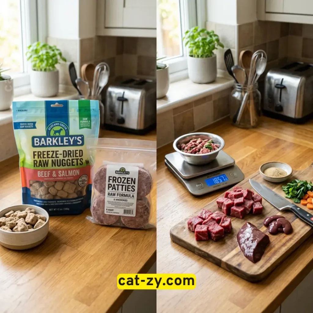 A visual comparison between commercial freeze dried and homemade raw food for cats on cat-zy.