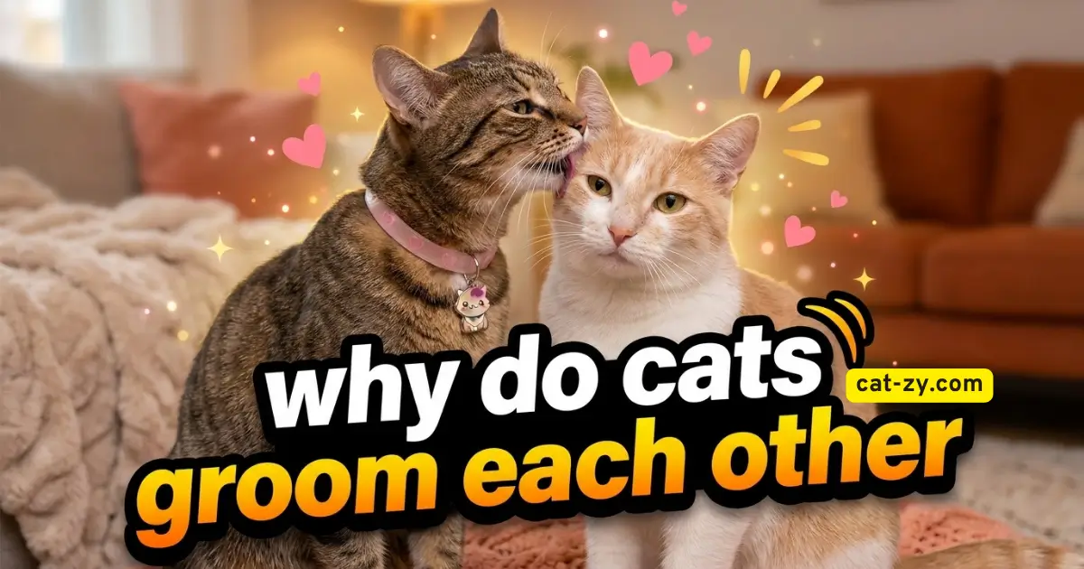 Two friendly cats grooming each other with floating pink hearts asking why do cats groom each other on cat-zy.
